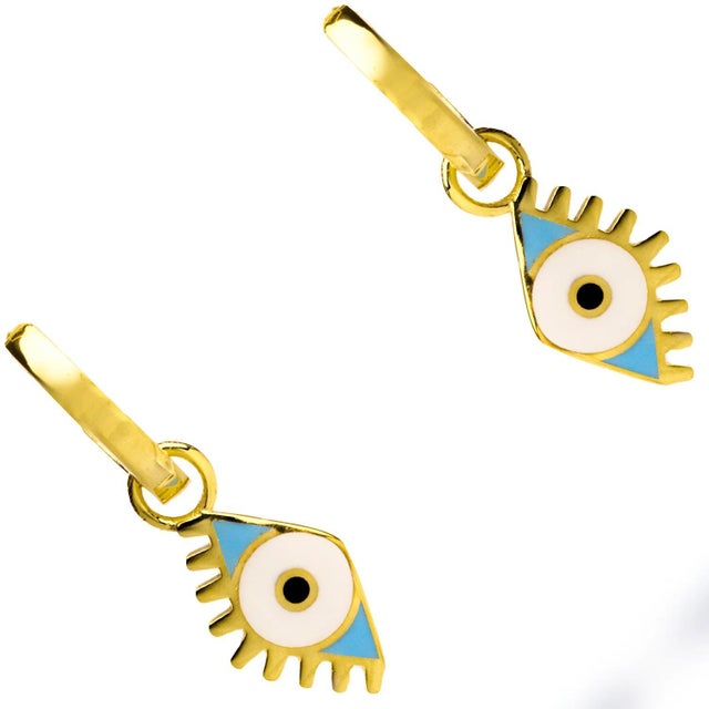 Early 21st Century Gold Vermeil Hoop & Blue Enamel Protection Evil Eye Dangle Earrings, A Pair For Sale - Image 5 of 6