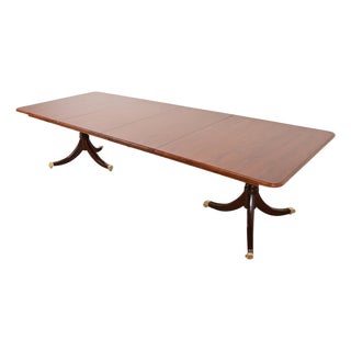 Baker Furniture Style Georgian English Yew Wood and Mahogany Double Pedestal Extension Dining Table, Newly Refinished For Sale