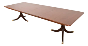 Baker Furniture Style Georgian English Yew Wood and Mahogany Double Pedestal Extension Dining Table, Newly Refinished