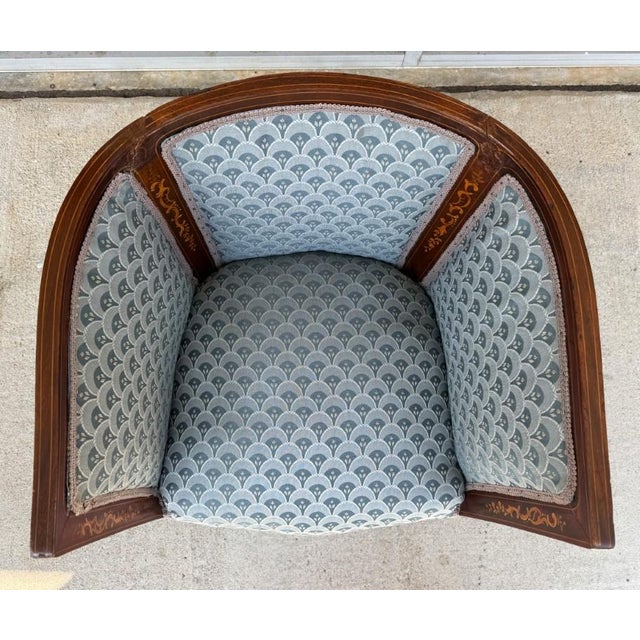 Wood Early 20th Century Inlaid Barrel Back Chair With Scalloped Blue Upholstery For Sale - Image 7 of 14