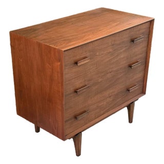 1960s Refinished Three Drawer Mid Century Walnut Chest of Drawers For Sale