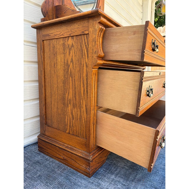 Wood 1980s Dixie Furniture Recollections Rustic Country French Solid Oak Chest With Oval Table Mirror For Sale - Image 7 of 12