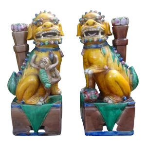 Pair of 1920s Chinese Glazed Terracotta Foo Dogs