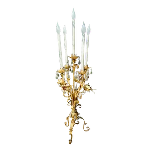 Vintage 1950s Large 5 Light Italian Florentine Gilt Tole Floral Crystal Bouquet Altar Candelabra Table Lamp