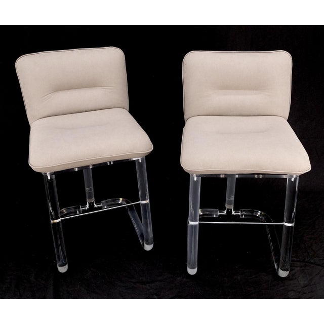 Pair Bent Lucite 1970s New Alcantera Upholstery Swivel Barstool Chairs Chairs For Sale - Image 10 of 15