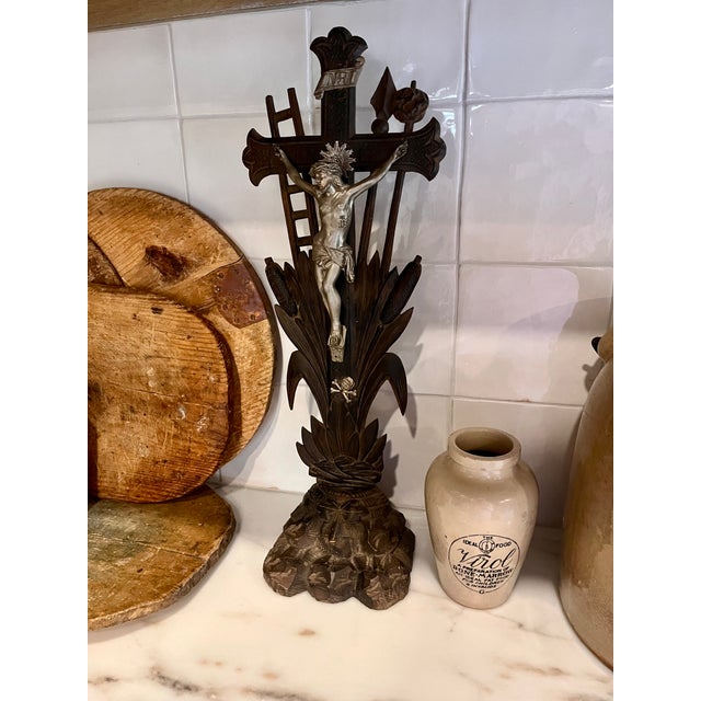 French Antique French Handcrafted Wood Crucifix With Pewter Finish Figurine For Sale - Image 3 of 14