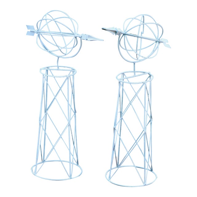 Mid 20th Century White Wire Topiary Frames With Globe and Arrow - A Pair For Sale