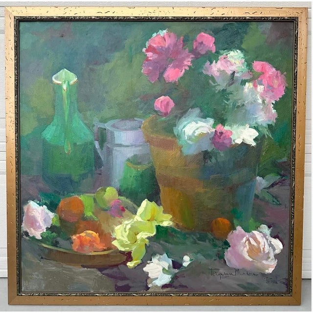 Green 1999 Large Torgesen Murdock “Still Life W/ Peonies & Summer Fruit” Oil on Board For Sale - Image 8 of 18