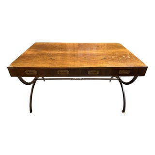 Vintage Campaign-Style Desk With Curved Metal Base For Sale