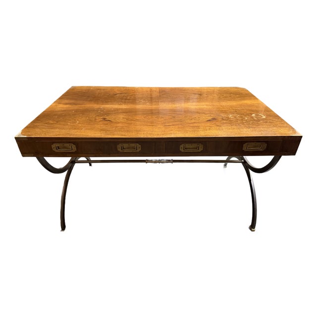 Vintage Campaign-Style Desk With Curved Metal Base For Sale