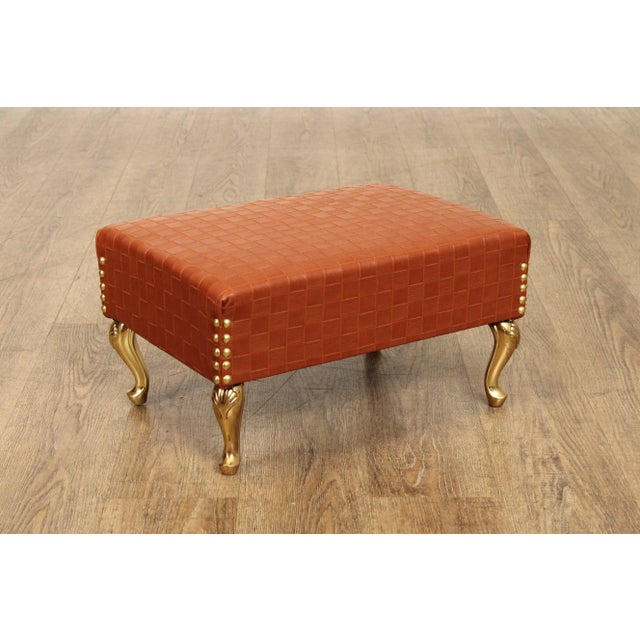 1970s Italian Hollywood Regency Pair of Brass and Leather Foot Stools For Sale - Image 5 of 12