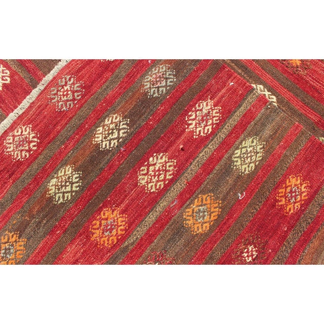 Mid 20th Century Colorful Red and Brown Striped Turkish Kilim Rug With Geometric Shapes For Sale - Image 5 of 13