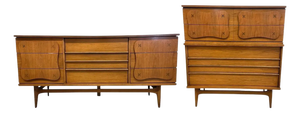 Vintage Bassett Monterey Mid-Century Modern Walnut 5-Drawer and 9-Drawer Dresser Set With Rosewood ‘X’ Inlays by Leo Jiranek Circa 1963