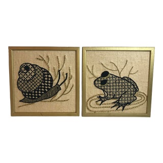 Vintage Frog and Snail Textile Art Pieces- A Pair For Sale