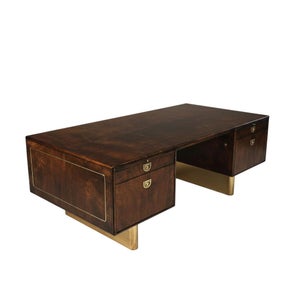 1970s Romweber Burl Wood and Gold Trim Executive Desk With Filing Drawers