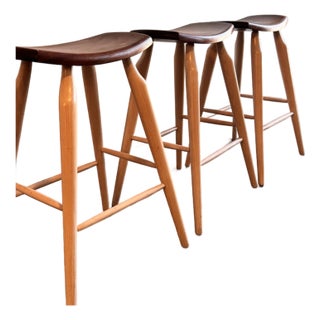 Set of 3 Signed Stephen Swift Cherry and Ash Bar Stools (1996) For Sale