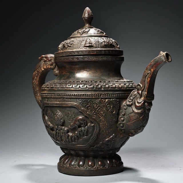 Asian Vintage Tibetan Style Copper Teapot - High Relief Repoussé Ewer With Dragon Spout For Sale - Image 3 of 10