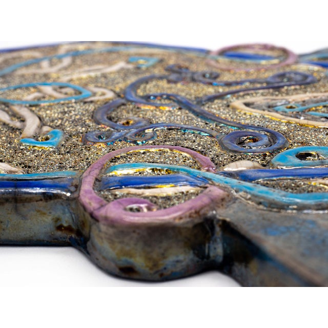 Blue Raku Ceramic Wall Sculpture Intertwining Flowers and Geometries by Stefania Zoppellaro For Sale - Image 8 of 13