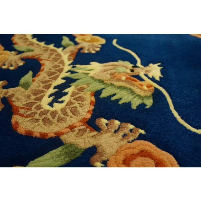 1980s Navy Blue Dragon Medallion Vintage Chinese Art Deco Carpet Oval 6'' X 9' Knotted Wool Rug For Sale - Image 9 of 12