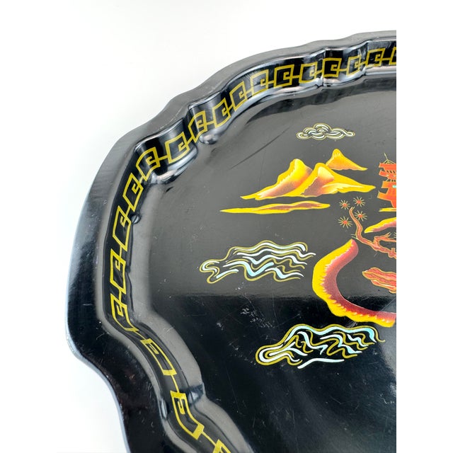 Vintage English Baret Ware “Mandarin Garden” Tole Serving Tray, Black Lacquer For Sale In Little Rock - Image 6 of 9