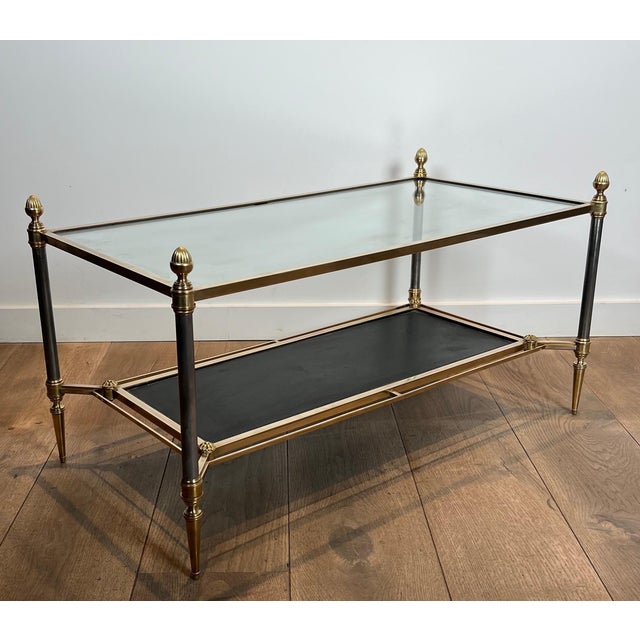 1940s 1940s Brass coffee table with black leather and glass shelves Attributed to Maison Jansen For Sale - Image 5 of 12