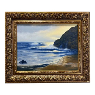 Vintage Coastal Seascape Oil Painting, Crashing Waves and Cliff, Ornate Gold Frame, Signed For Sale