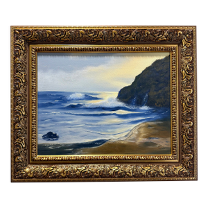 Vintage Coastal Seascape Oil Painting, Ornate Gilt Frame, Signed