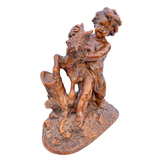 Mid 20th Century Mid-Century French Terra Cotta Putto and Goat Sculpture With Bronze-Tone Finish For Sale - Image 5 of 15