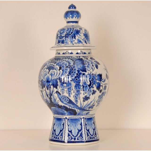 Royal Delft Royal Delft Blue and White Baluster Vase Chinoiserie Flowers Birds Octagonal Base For Sale - Image 4 of 13