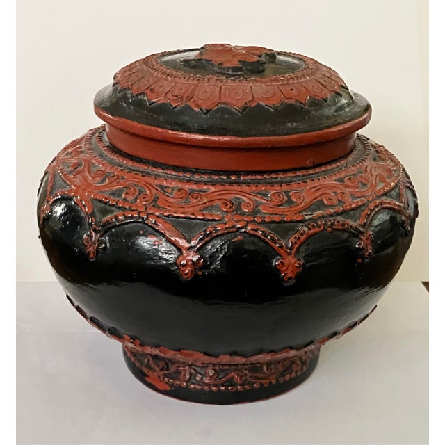 Asian Antique Antique Burmese Lacquer Lidded Jar, Elephant, Red & Black, 5 1/2” X 4 1/2” T For Sale - Image 3 of 12