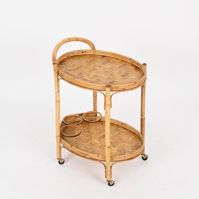 Mid-Century Italian Oval Serving Bar Cart Trolley in Bamboo and Rattan, 1960s For Sale - Image 3 of 13