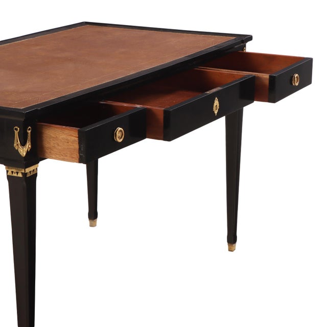 French French Directoire Style Ebonized Mahogany Leather Top Writing Table, C. 1945 For Sale - Image 3 of 8