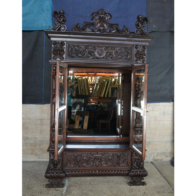 Monumental Antique Italian Renaissance Figural Mahogany Bookcase Curio Display Cabinet For Sale - Image 4 of 12