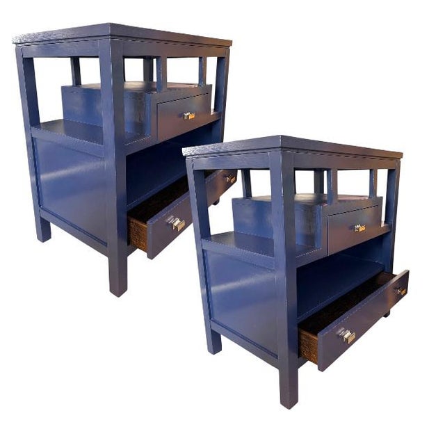 Mid-Century Modern Pair of Stanley Furniture Two-Drawer Navy Blue Lacquer Nightstands For Sale - Image 3 of 9