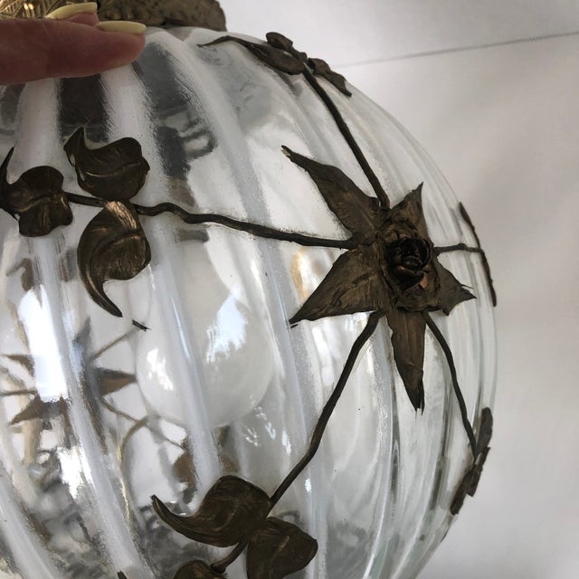 Mid 20th Century Hollywood Regency Round Opaque and Clear Swag Lamp Brass Flowers For Sale - Image 11 of 13
