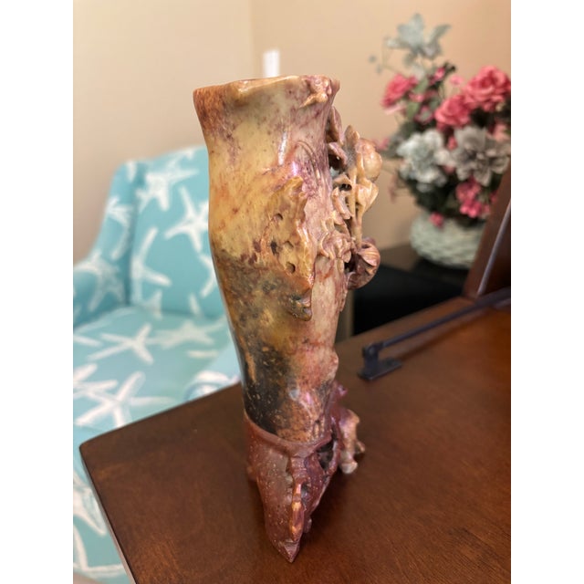 Antique Chinese Carved Soapstone Floral Vase, Sculptural High-Relief For Sale - Image 4 of 6