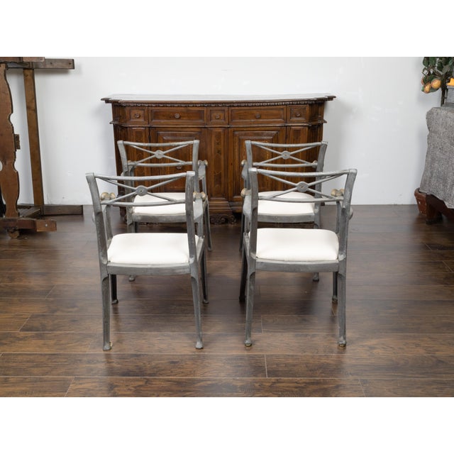 Set of Four Midcentury Italian Metal Armchairs with Brass Rams' Heads For Sale - Image 4 of 9