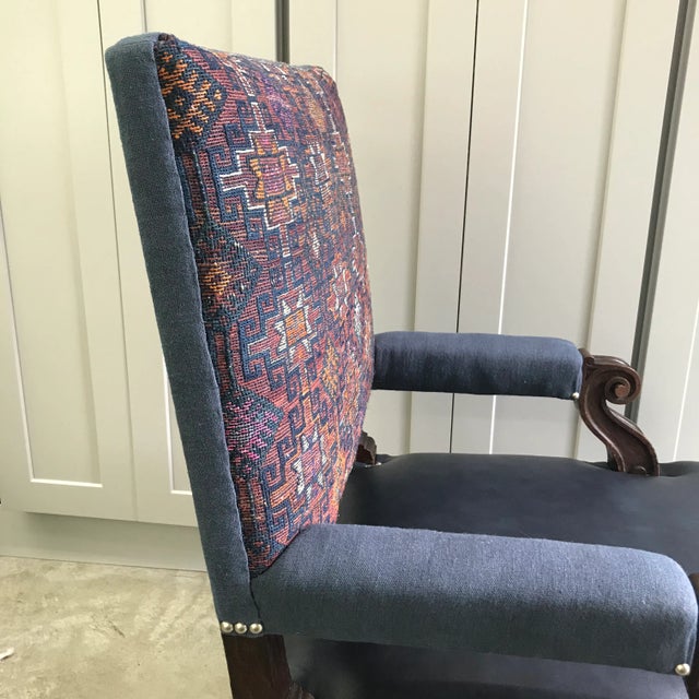 Navy Blue 1920s Oak Leather Linen Armchair Reupholstered For Sale - Image 8 of 12