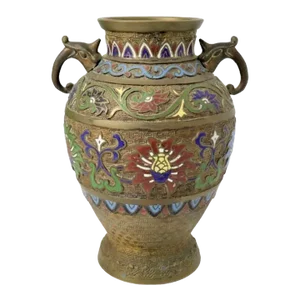 Vintage Japanese Brass Champlev Enamel Dragon Handle Vase