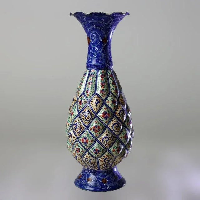 Persian Antique Persian Quilted Porcelain Floral Enameled Vase Signed C1920 For Sale - Image 3 of 6