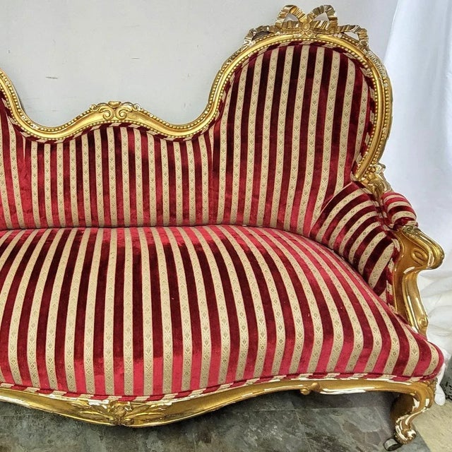 Antique French Striped Baroque Carved Giltwood Chairs and Sofa Set - Project For Sale - Image 9 of 12
