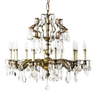 Large Vintage Brass and Crystal Chandelier 12 Arms For Sale