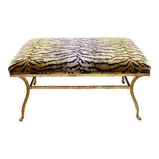 Vintage Gold Leaf Gilded Tiger Striped Velvet Bench For Sale