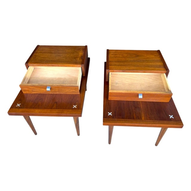Wood Mid-Century American of Martinsville Walnut Nightstands With Floating Drawer- A Pair For Sale - Image 7 of 17