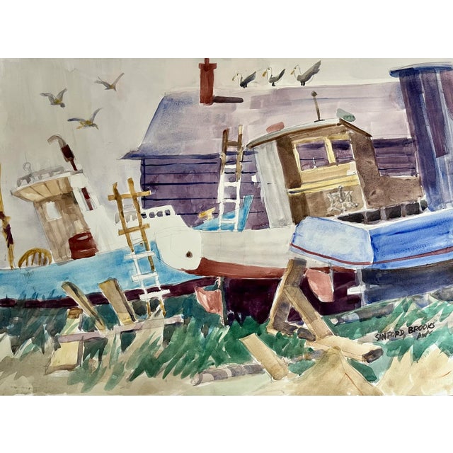 Paint Vintage Modernist Watercolor Painting of Fishing Boats in the Boat Yard by Sanford Brooks For Sale - Image 7 of 7
