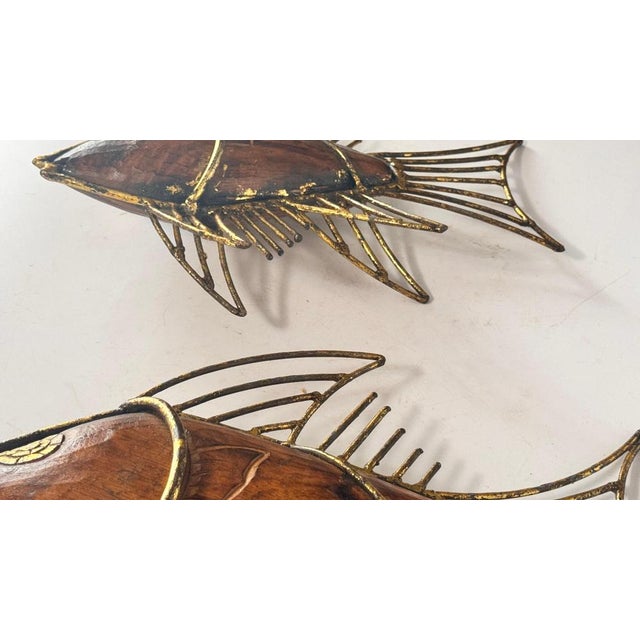 Mid-Century French Fish Sculptures in Wood and Gilded Metal, 1970s, Set of 2 For Sale - Image 13 of 14