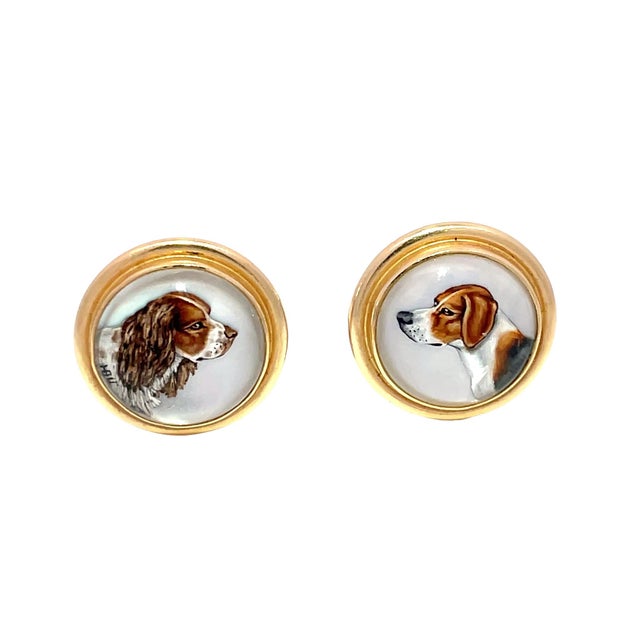 Victorian 19th Century Victorian 14k Yellow Gold Essex Crystal Reverse Painted Dog Earrings, A Pair For Sale - Image 3 of 11