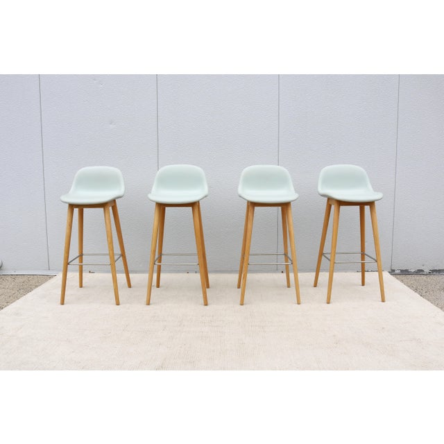 Wood Danish Modern Iskos-Berlin for Muuto Leather Fiber Bar Stools Oak Base, Set of 4 For Sale - Image 7 of 18