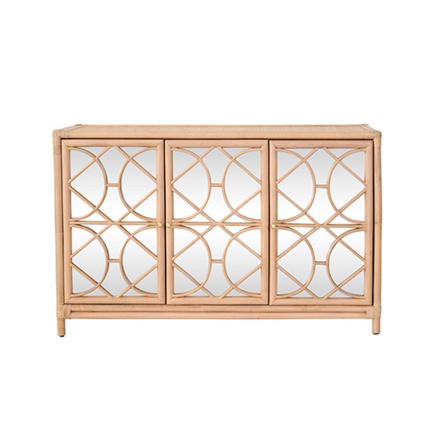 Matthew Izzo Home Aria Natural Rattan Three Door Mirrored Front Buffet For Sale In New York - Image 6 of 6
