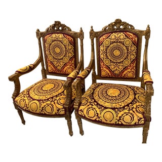Louis XVI Style Vintage Gold Hand Carved Chairs With Atelier Versace Style Fabric For Sale